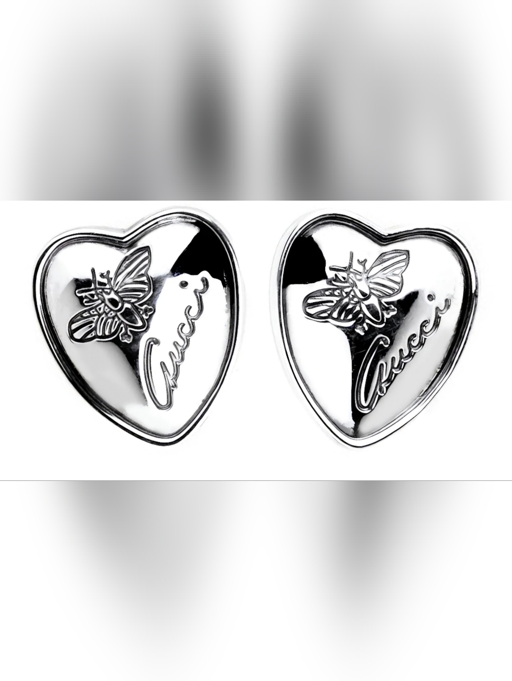 Gucci Silver Heart Bee Signature Stud Earrings - Women Jewelry